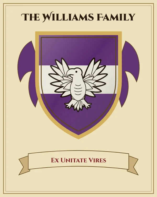 Coat of arms of The Williams Family: a purple shield with a silver horizontal band and a silver eagle with spread wings, motto "Ex Unitate Vires"