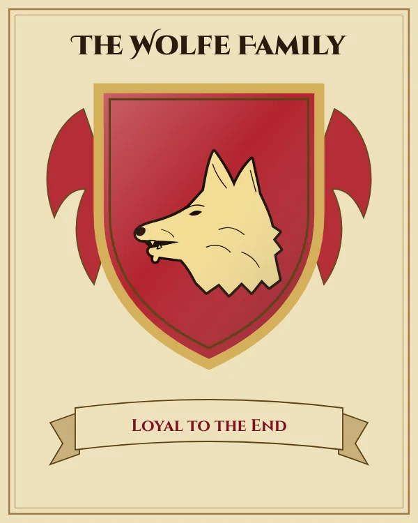 Coat of arms of The Wolfe Family: a red shield and a gold wolf's head, motto "Loyal to the End"