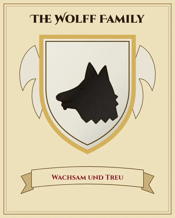 Coat of arms of The Wolff Family: a silver shield and a black wolf's head, motto "Wachsam und Treu"