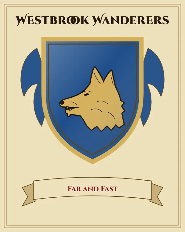 Coat of arms of Westbrook Wanderers: a blue shield and a gold wolf's head, motto "Far and Fast"