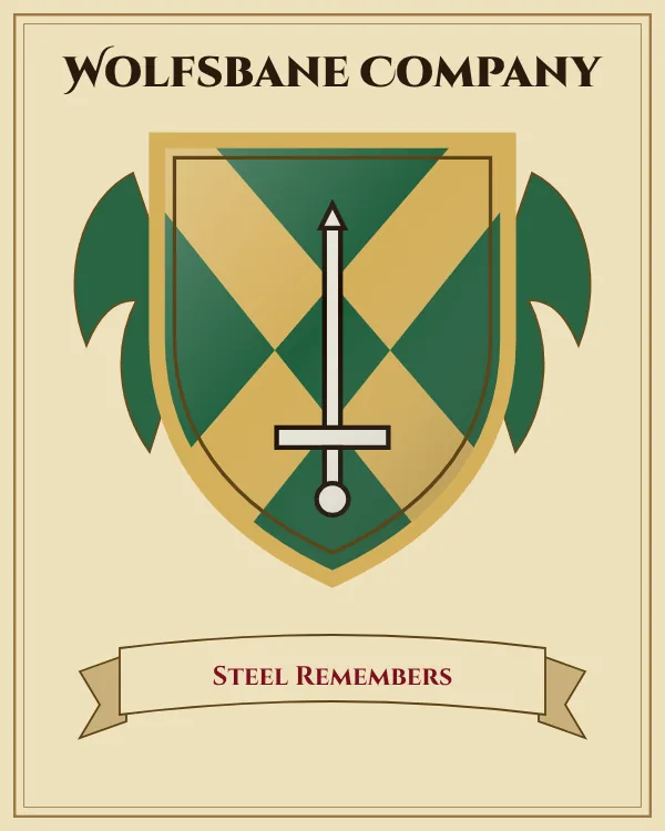 Coat of arms of Wolfsbane Company: a green shield with a gold X-shaped cross and a silver sword, motto "Steel Remembers"