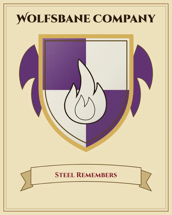 Coat of arms of Wolfsbane Company: a shield quartered in purple and silver and a silver flame, motto "Steel Remembers"