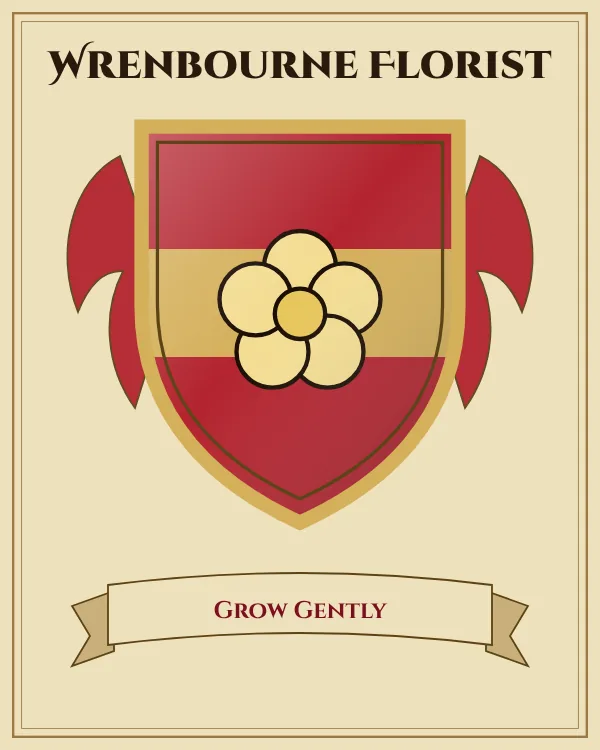Coat of arms of Wrenbourne Florist: a red shield with a gold horizontal band and a gold rose, motto "Grow Gently"